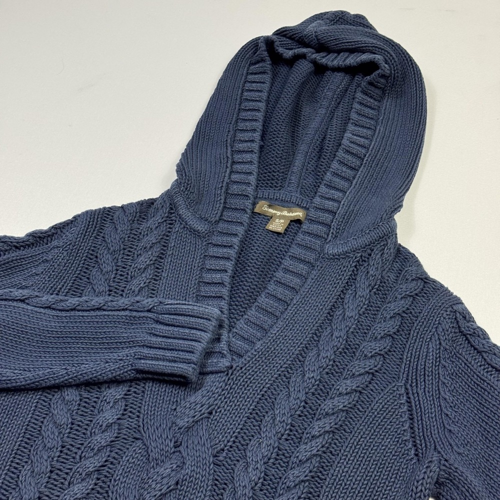 Tommy Bahama‎ Sweater Womens Small Blue Hooded Cable Knit Pullover Cotton